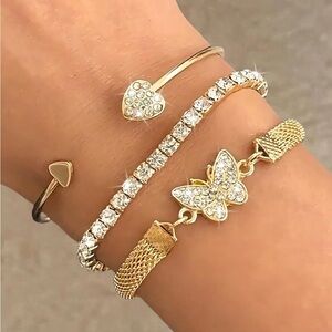Gold Toned Crystal Butterfly & Heart Bracelet Set - Women's Jewelry